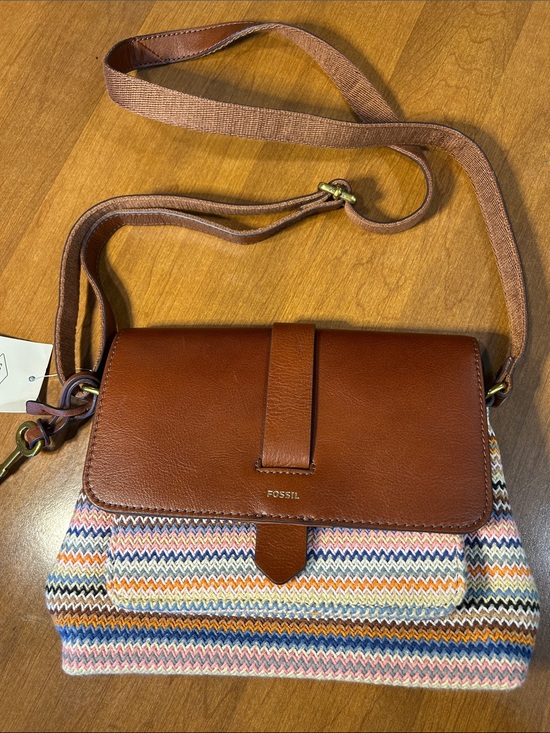 Fossil Handbags - Fossil Kinley Tan Leather Flap Crossbody with Multicolor Knit Body